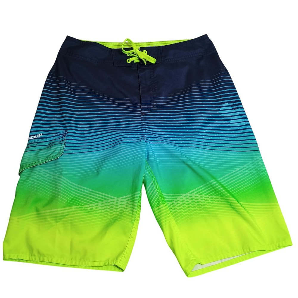 Under Armour Board Shorts‎ Mens 30 Blue Green Gradient Wave Cargo Swim Trunks